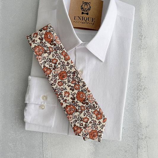 Rust Floral Tie & Pocket Square – Terracotta Wedding Necktie Set for Men
