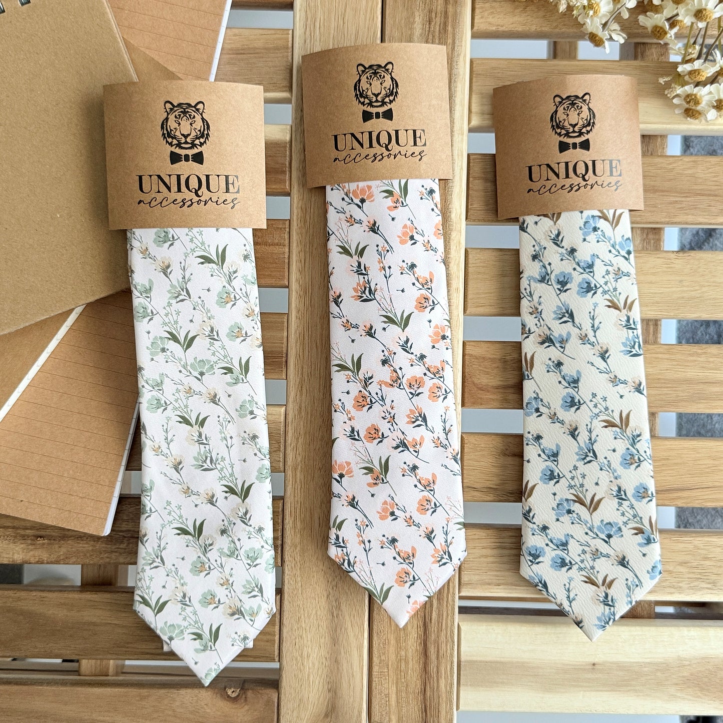Ivory Floral Tie and Pocket Square Set – Blue Flower Wedding Necktie for Men