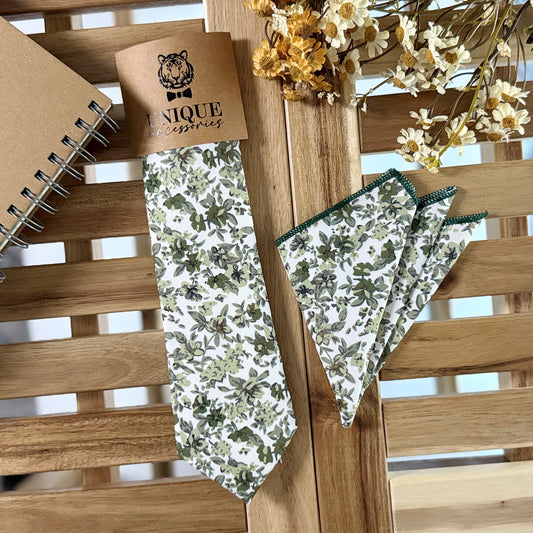 Olive Green Botanical Tie Set – Rustic Floral Necktie & Pocket Square for Wedding