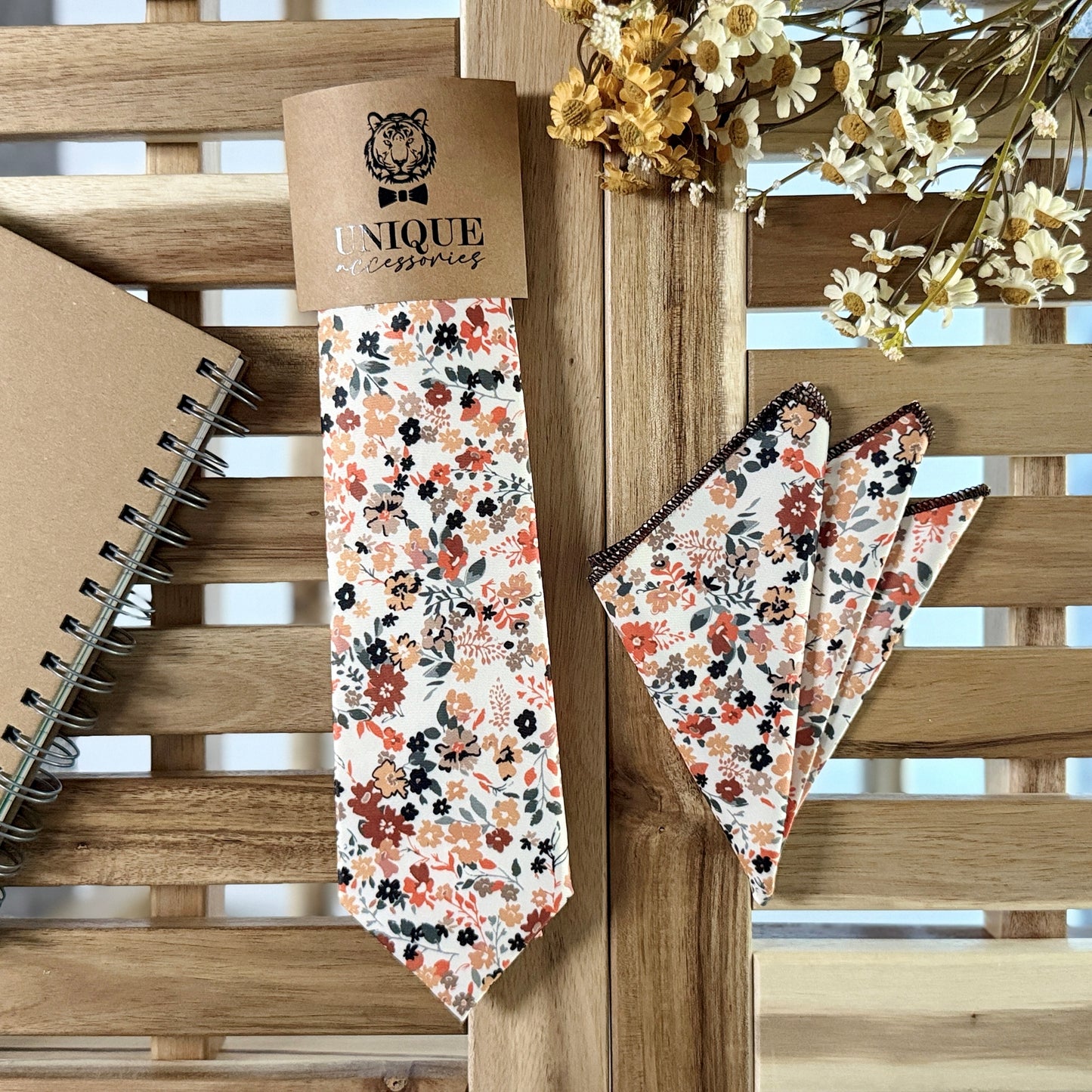 Brunt Orange Floral Tie Set – Fall Wedding Necktie & Pocket Square for Men