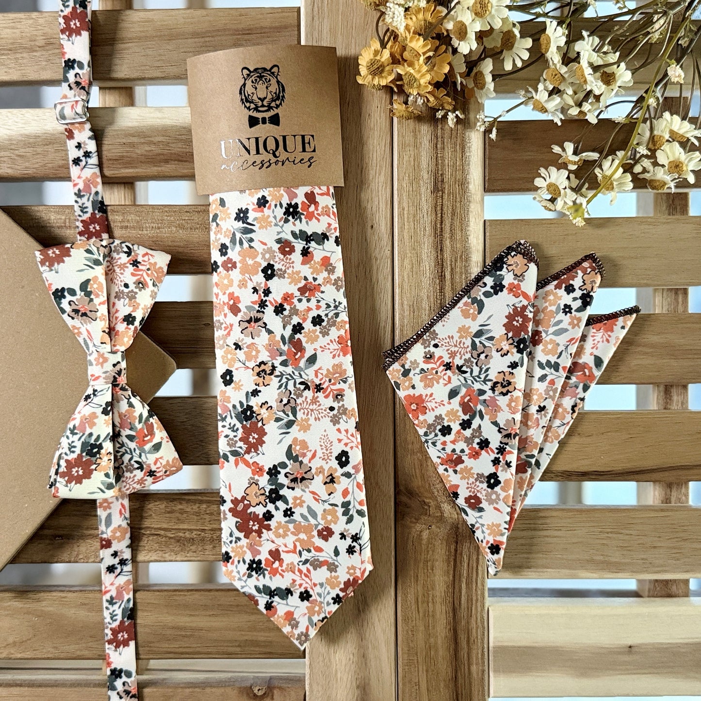 Brunt Orange Floral Tie Set – Fall Wedding Necktie & Pocket Square for Men