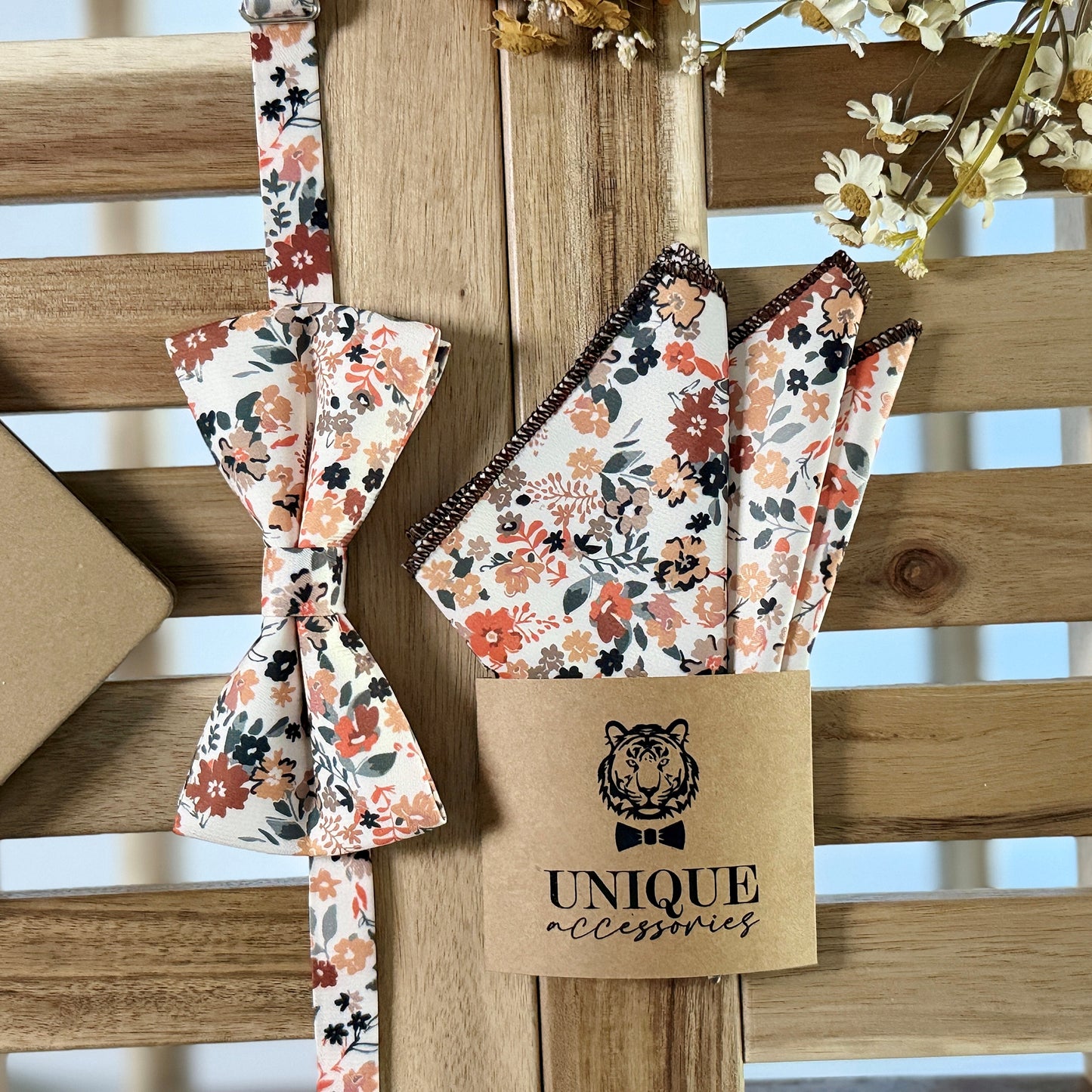 Brunt Orange Floral Tie Set – Fall Wedding Necktie & Pocket Square for Men