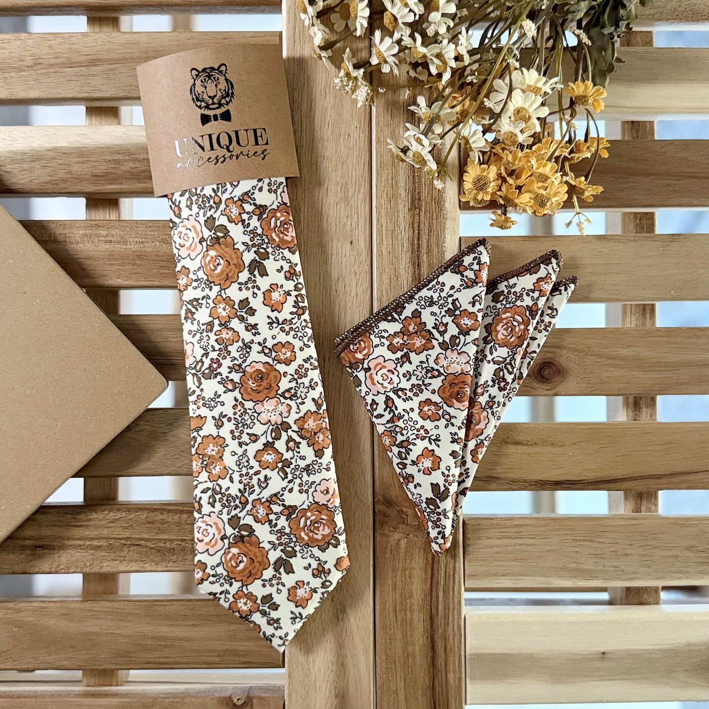 Rust Floral Tie & Pocket Square – Terracotta Wedding Necktie Set for Men