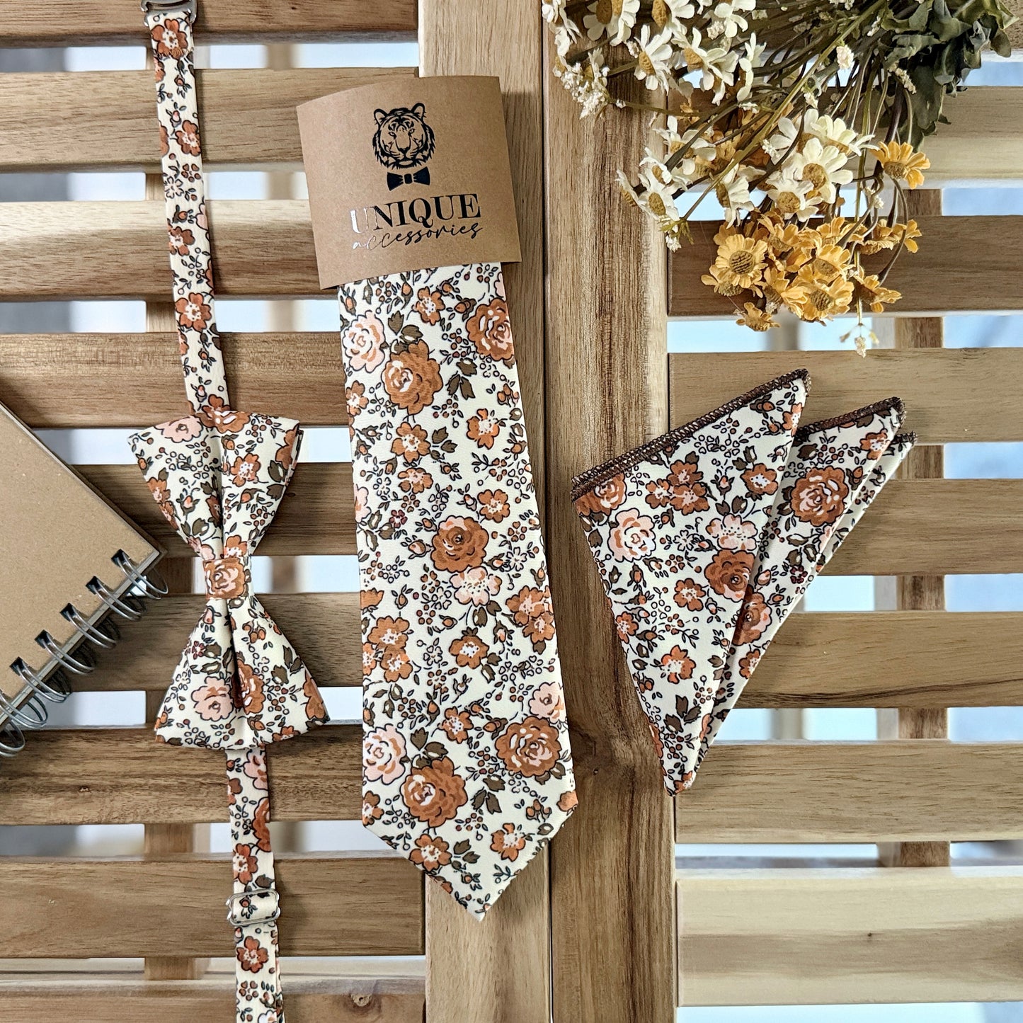 Rust Floral Tie & Pocket Square – Terracotta Wedding Necktie Set for Men