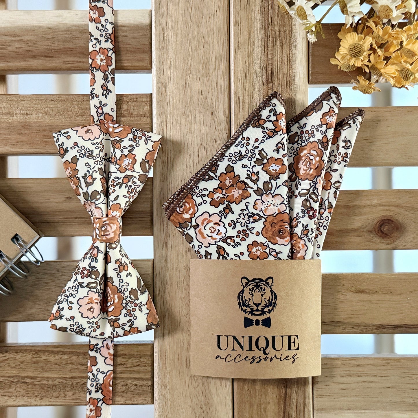 Rust Floral Tie & Pocket Square – Terracotta Wedding Necktie Set for Men