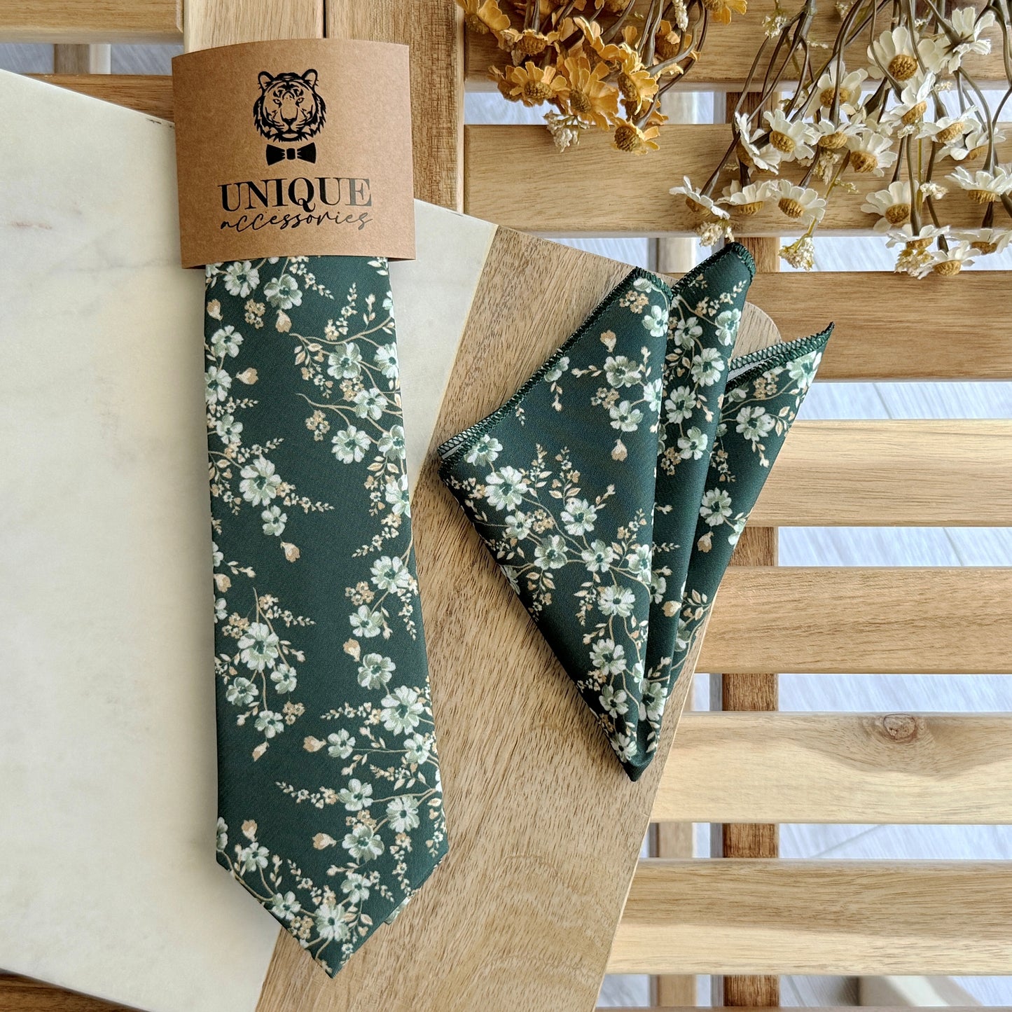 Dark Green Floral Tie Set – Wedding Necktie & Pocket Square for Men