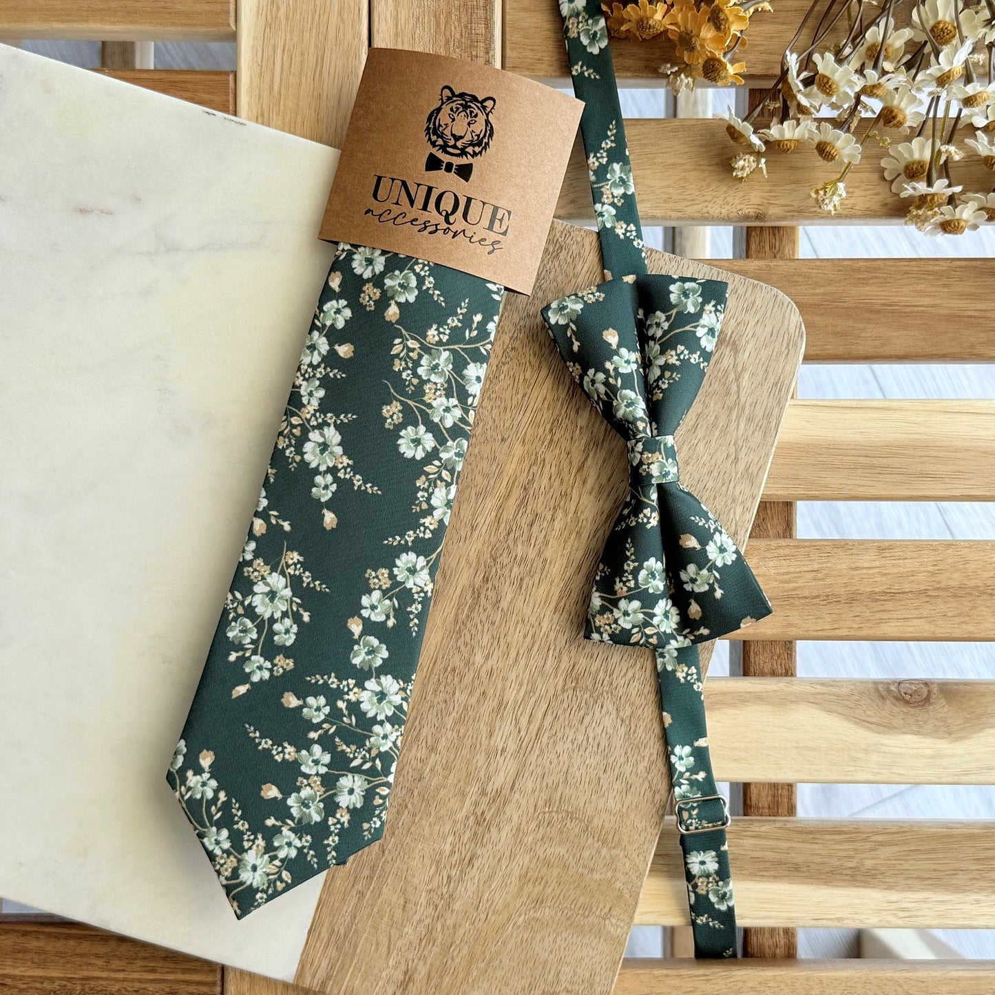 Dark Green Floral Tie Set – Wedding Necktie & Pocket Square for Men