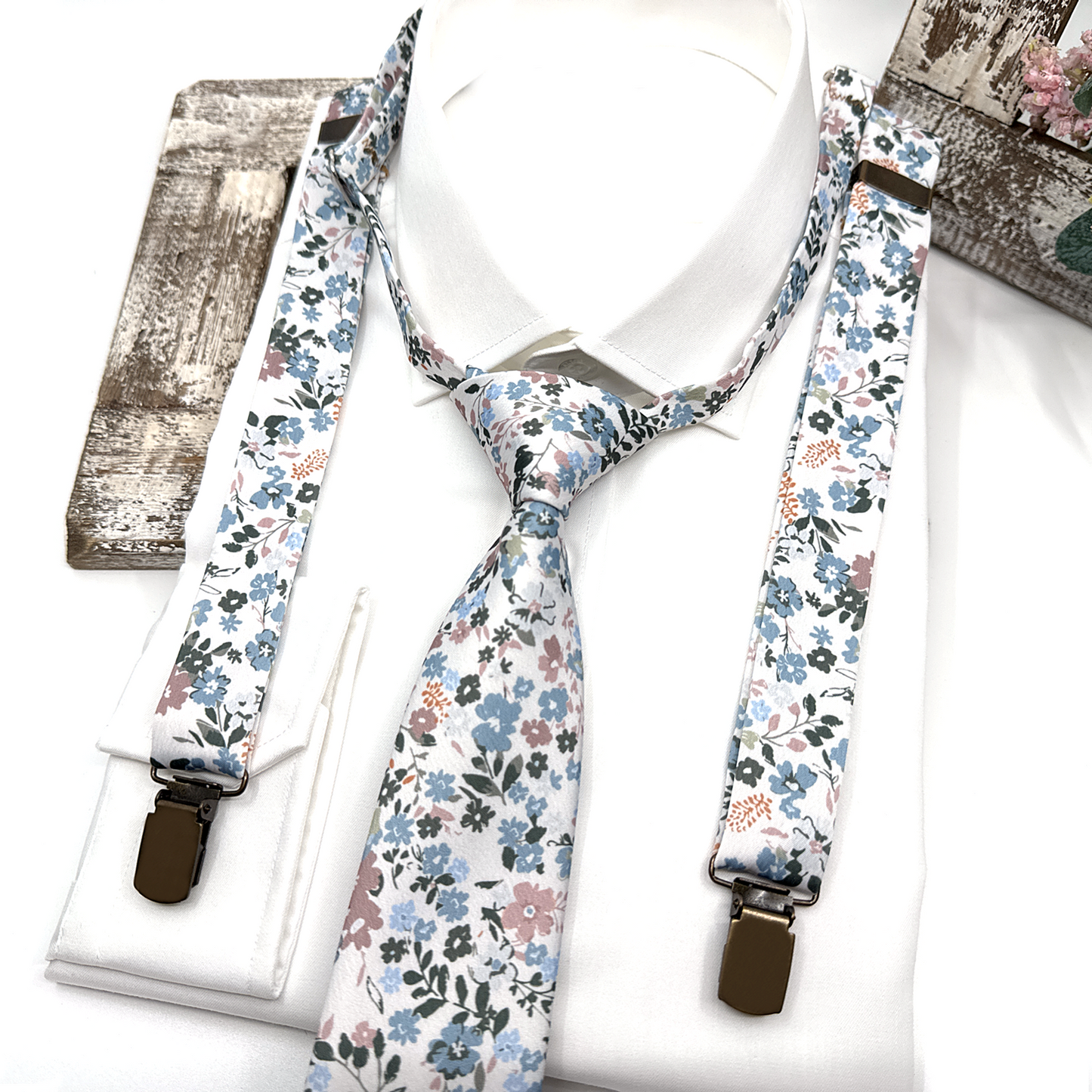 Dusty Blue Floral Suspenders, Dusty Blue Bow tie, Suspender Bowtie, Wedding Floral Suspenders