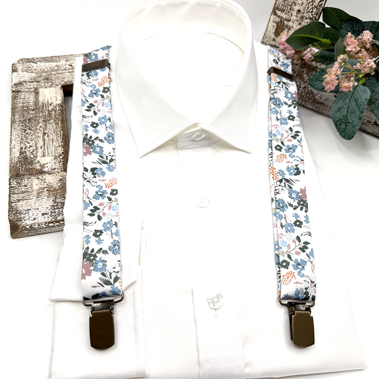 Dusty Blue Floral Suspenders, Dusty Blue Bow tie, Suspender Bowtie, Wedding Floral Suspenders