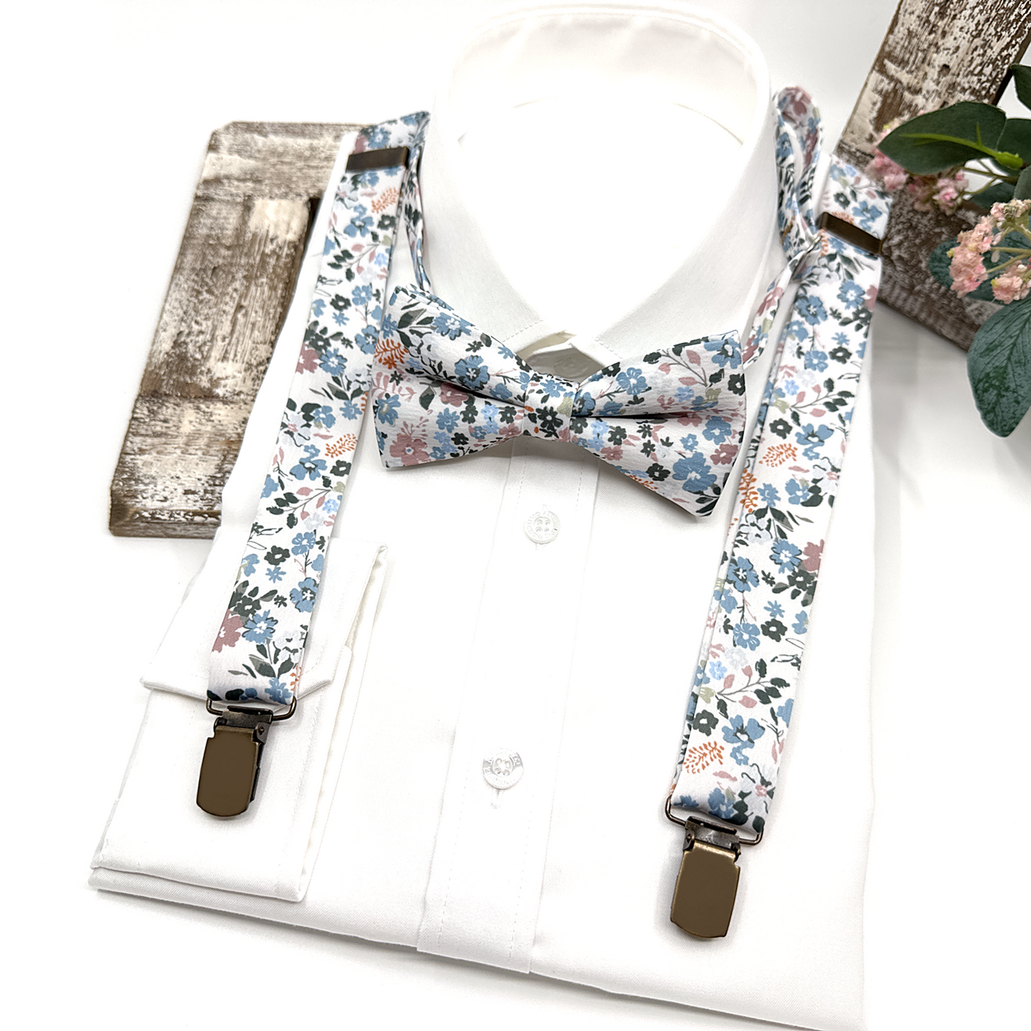 Dusty Blue Floral Suspenders, Dusty Blue Bow tie, Suspender Bowtie, Wedding Floral Suspenders