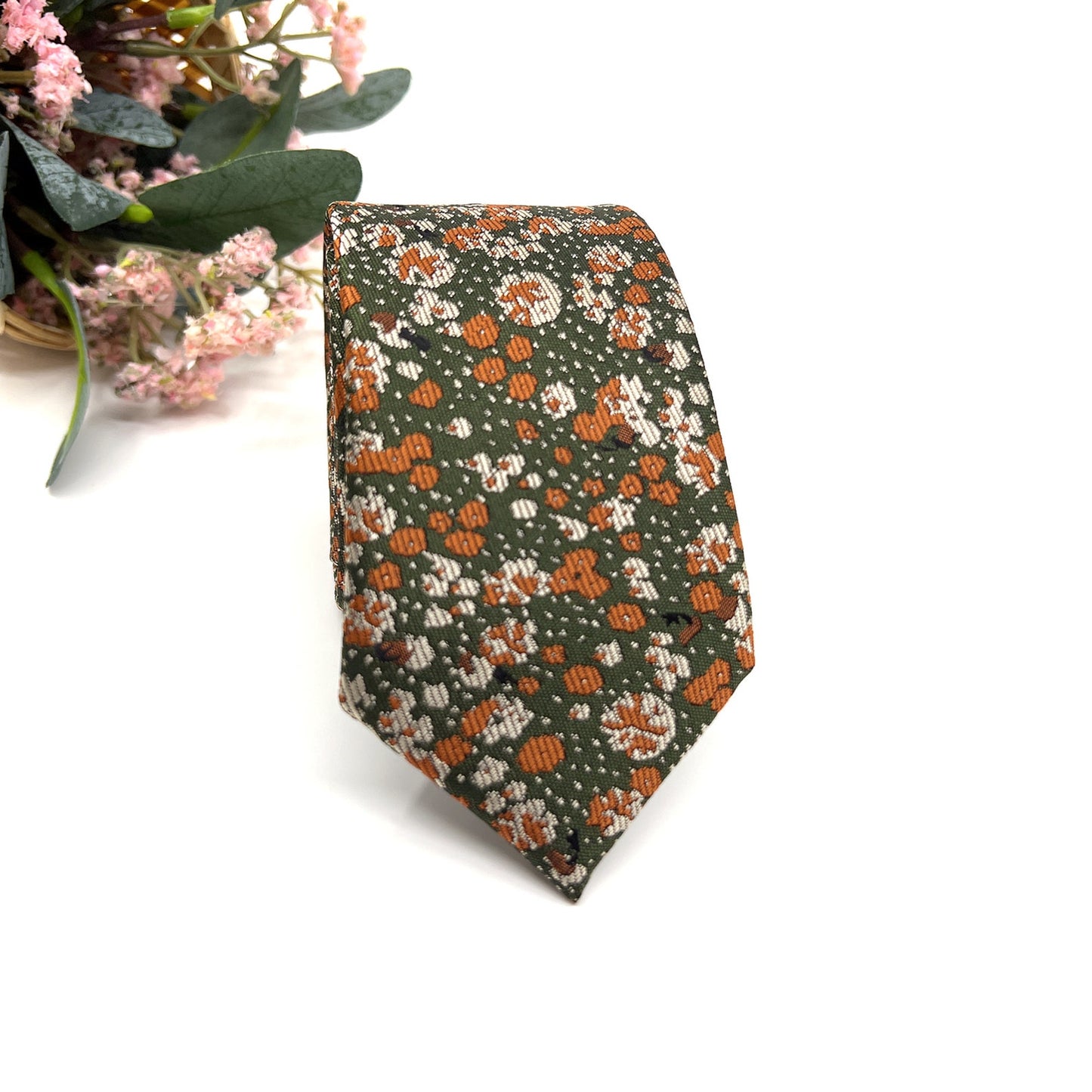 Brunt Orange Floral Necktie, Green Mens Neckties