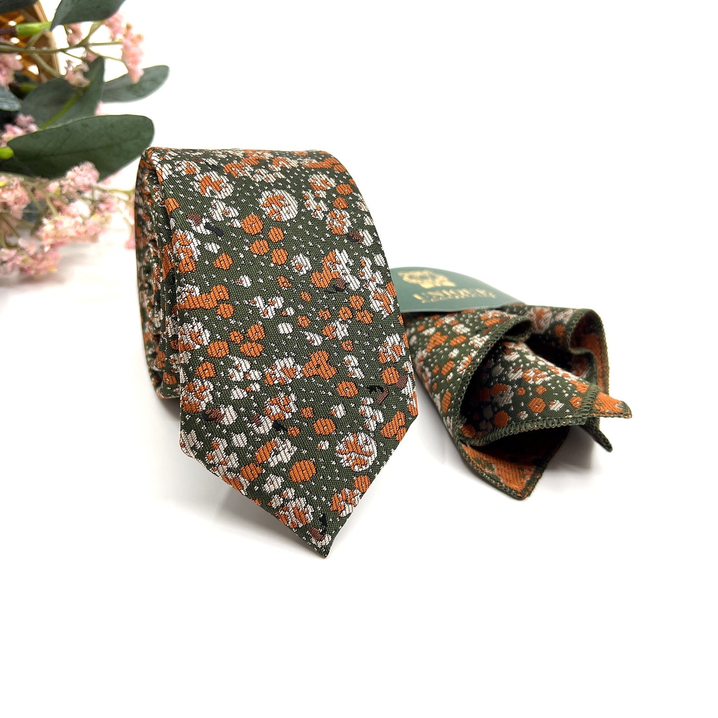 Brunt Orange Floral Necktie, Green Mens Neckties