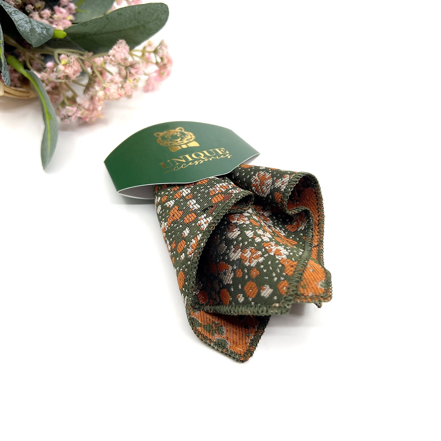 Brunt Orange Floral Necktie, Green Mens Neckties