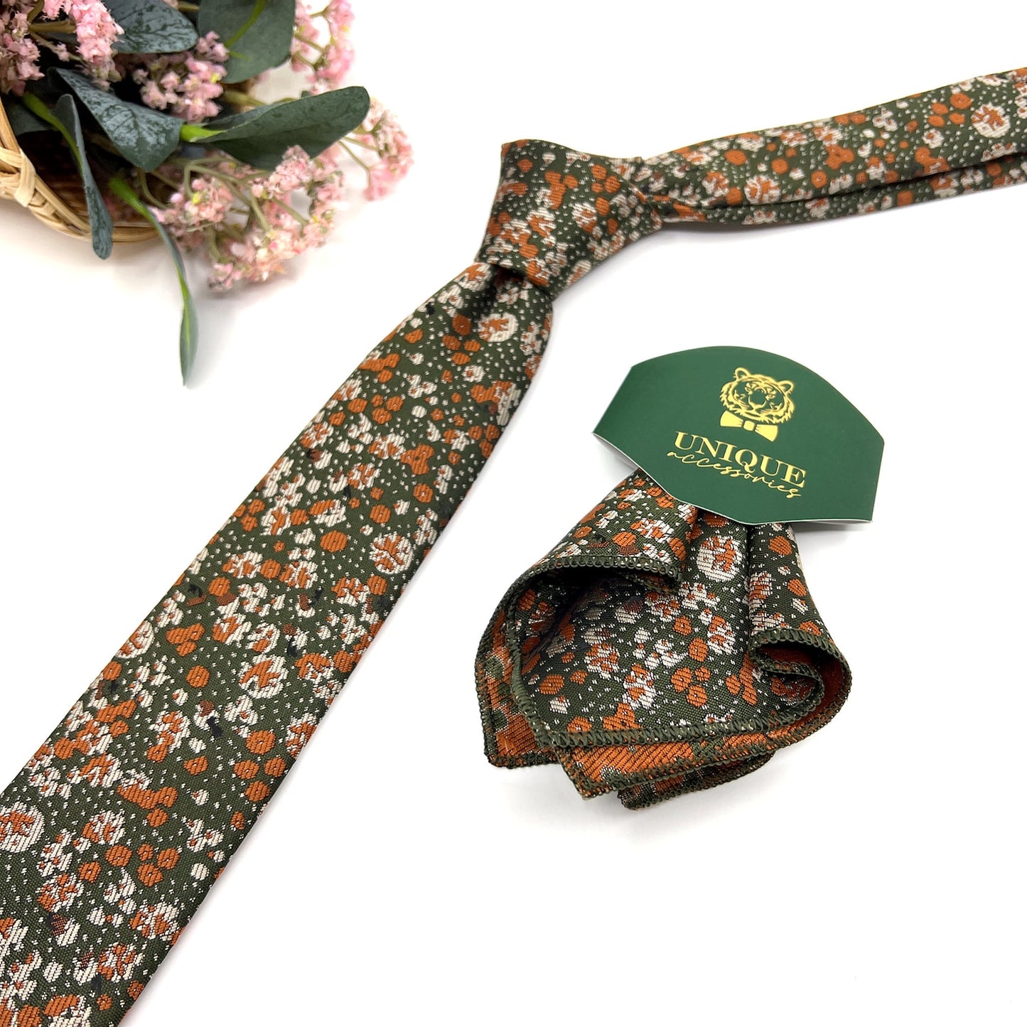 Brunt Orange Floral Necktie, Green Mens Neckties