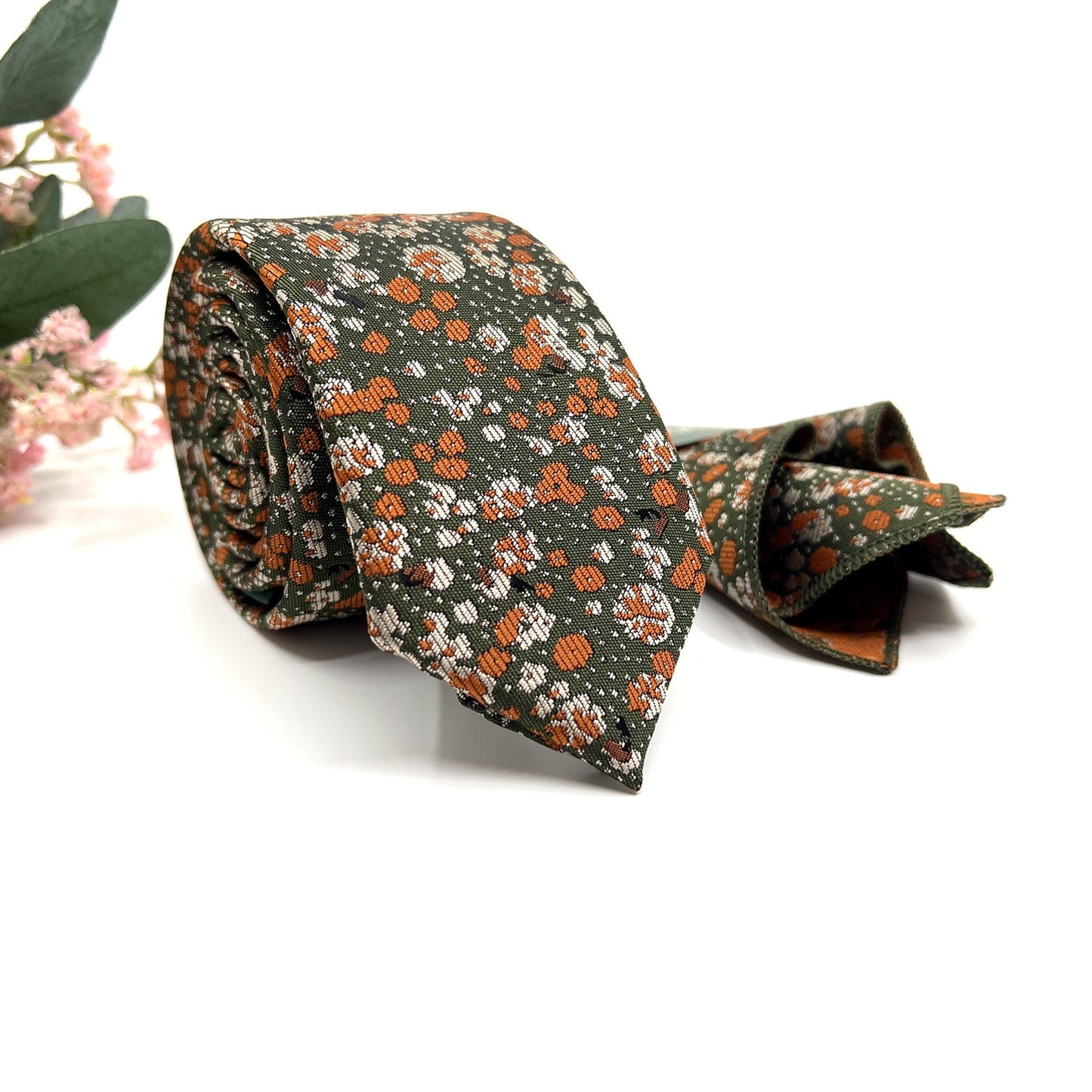 Brunt Orange Floral Necktie, Green Mens Neckties
