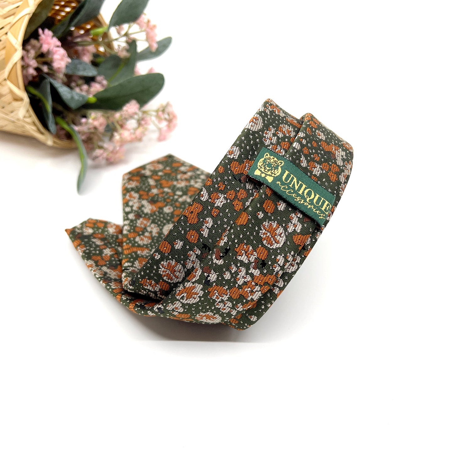 Brunt Orange Floral Necktie, Green Mens Neckties