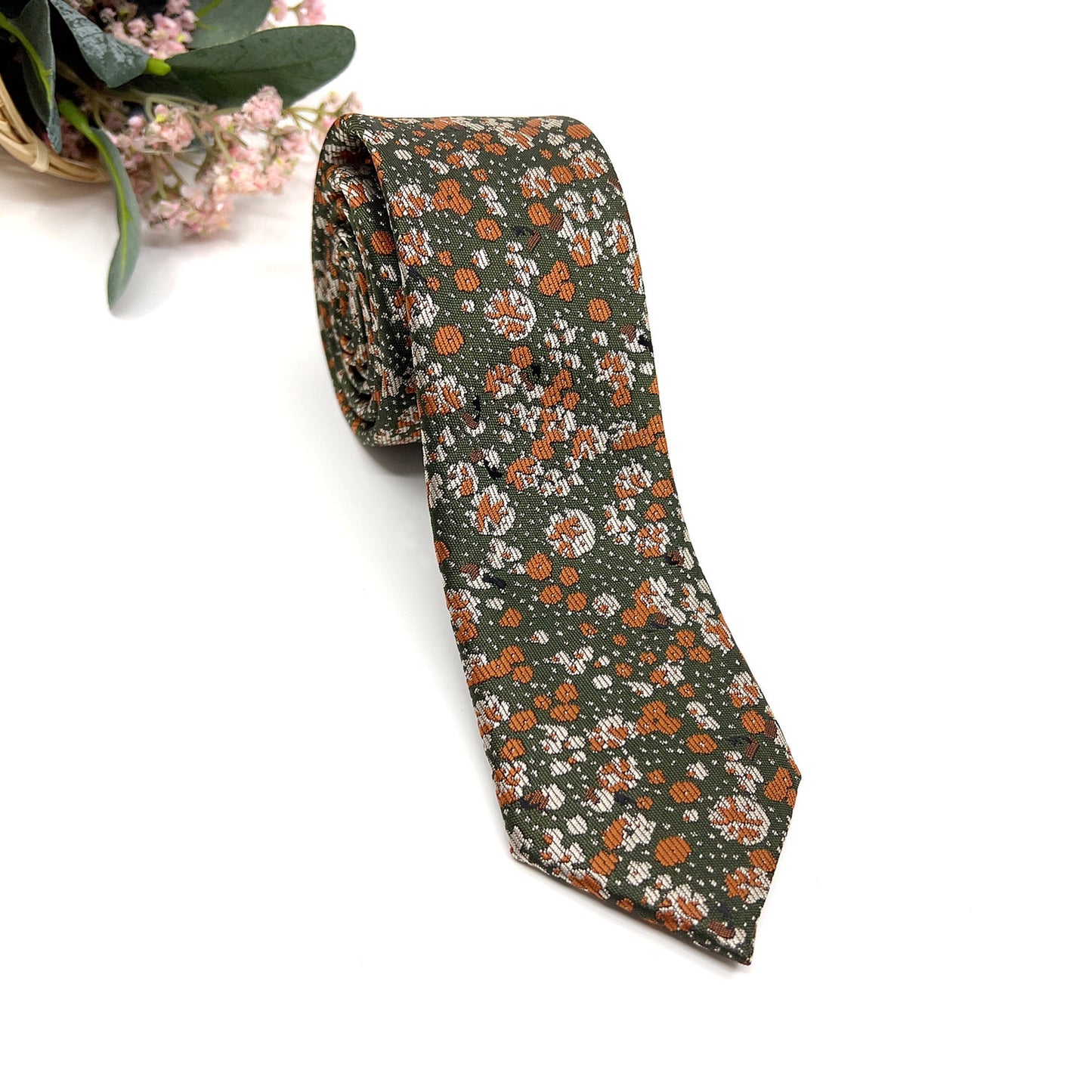 Brunt Orange Floral Necktie, Green Mens Neckties