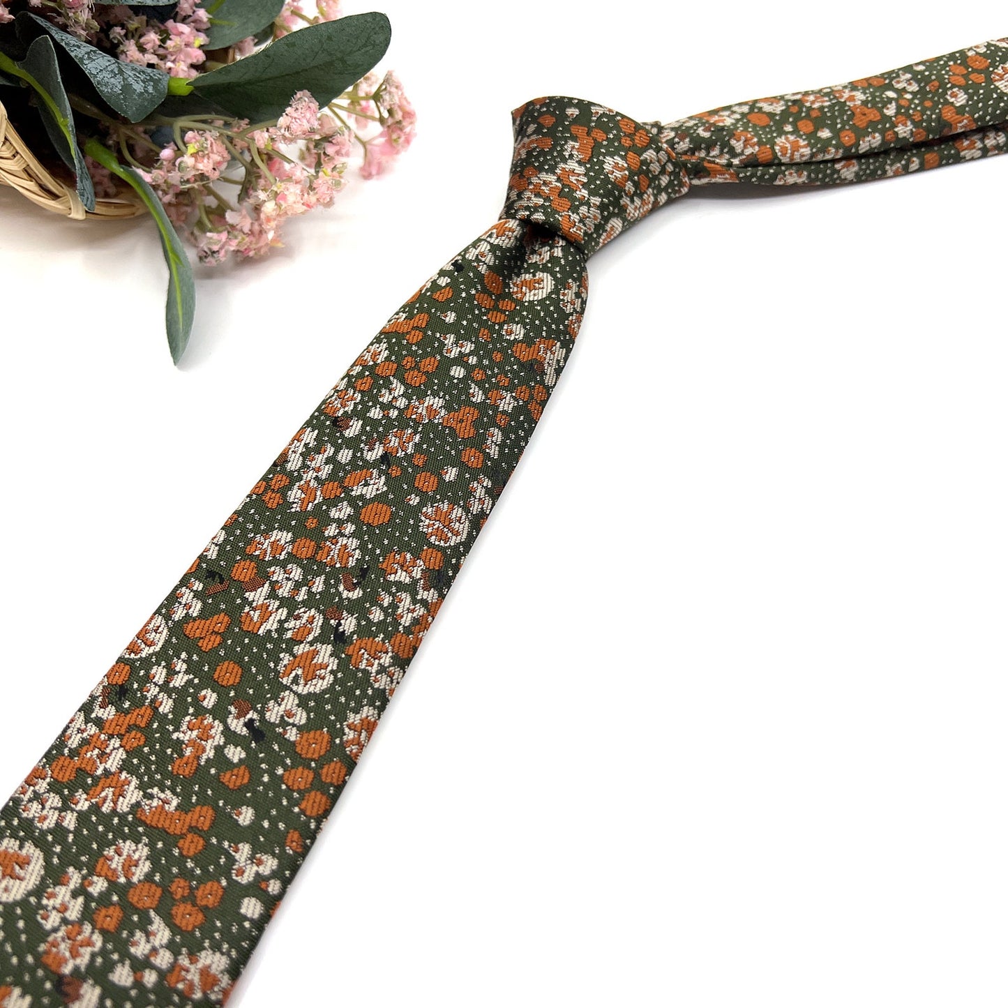 Brunt Orange Floral Necktie, Green Mens Neckties