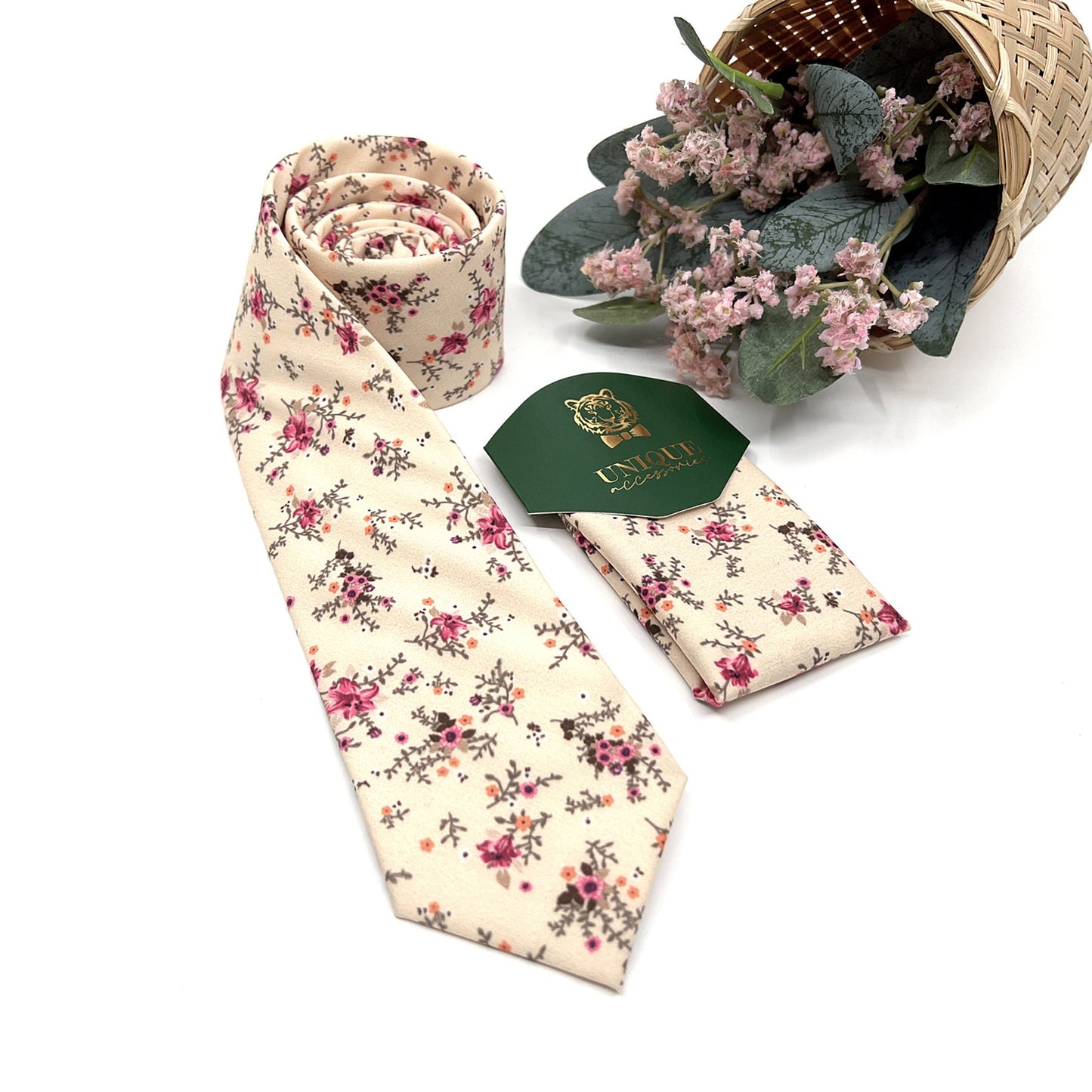 Beige Men Necktie, Floral Neckties, Wedding Floral Neckties, Groom Necktie