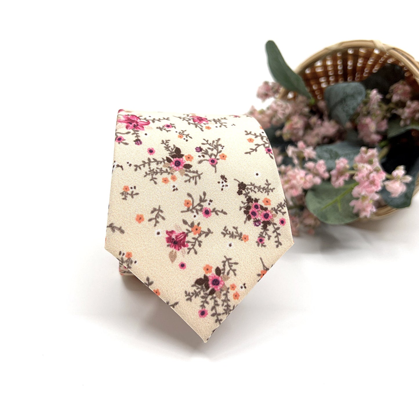 Beige Men Necktie, Floral Neckties, Wedding Floral Neckties, Groom Necktie