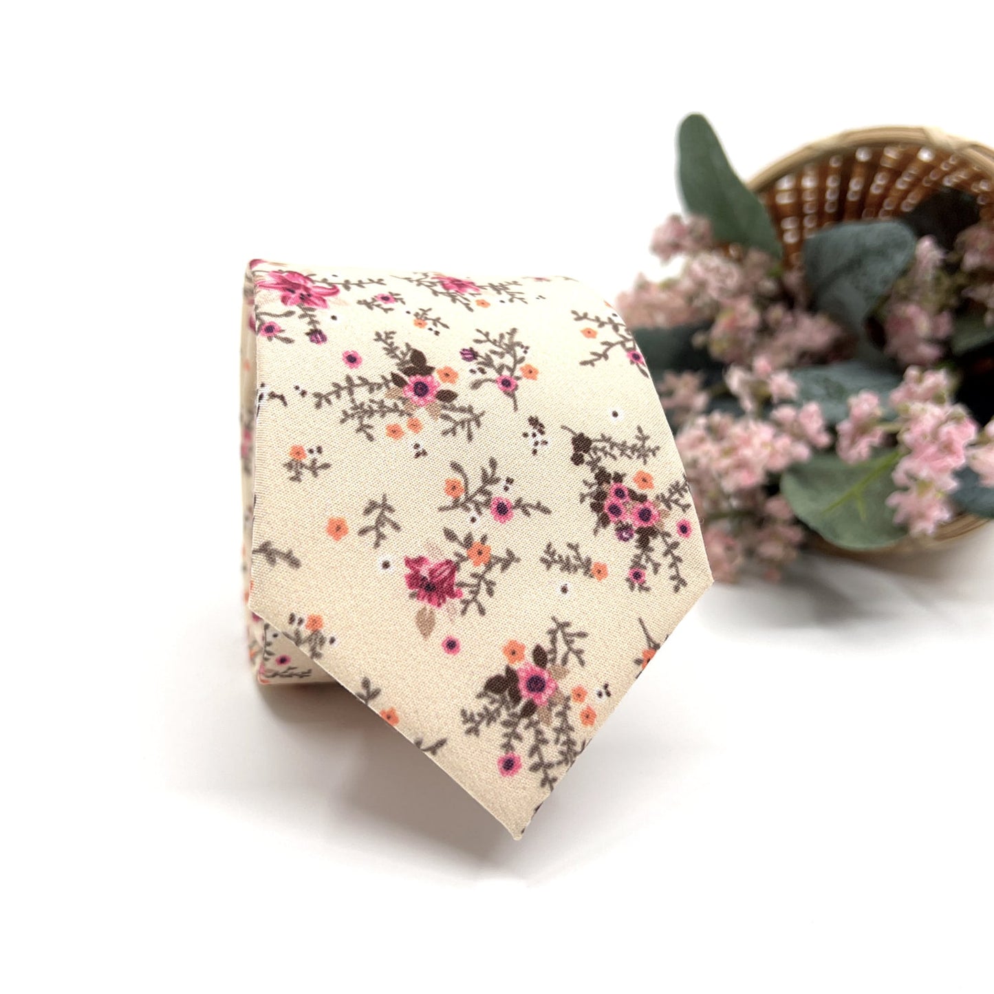Beige Men Necktie, Floral Neckties, Wedding Floral Neckties, Groom Necktie