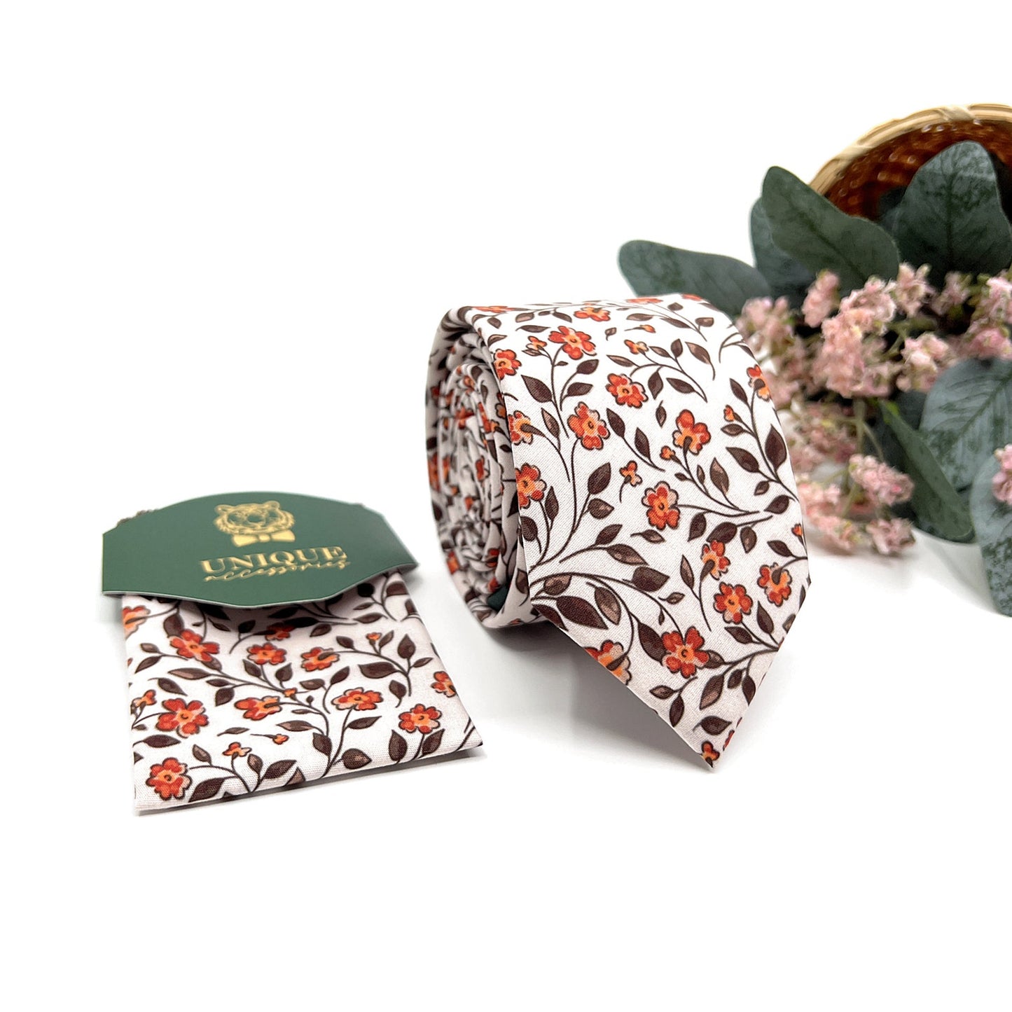 Burnt Floral Necktie, Groomsmen Floral Neckties, Wedding Floral Neckties