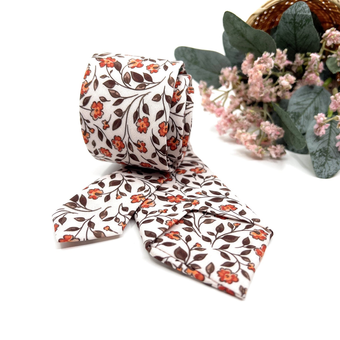 Burnt Floral Necktie, Groomsmen Floral Neckties, Wedding Floral Neckties