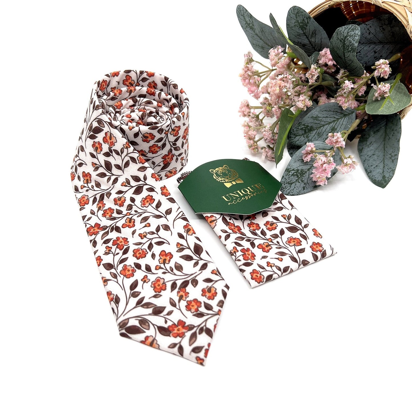 Burnt Floral Necktie, Groomsmen Floral Neckties, Wedding Floral Neckties