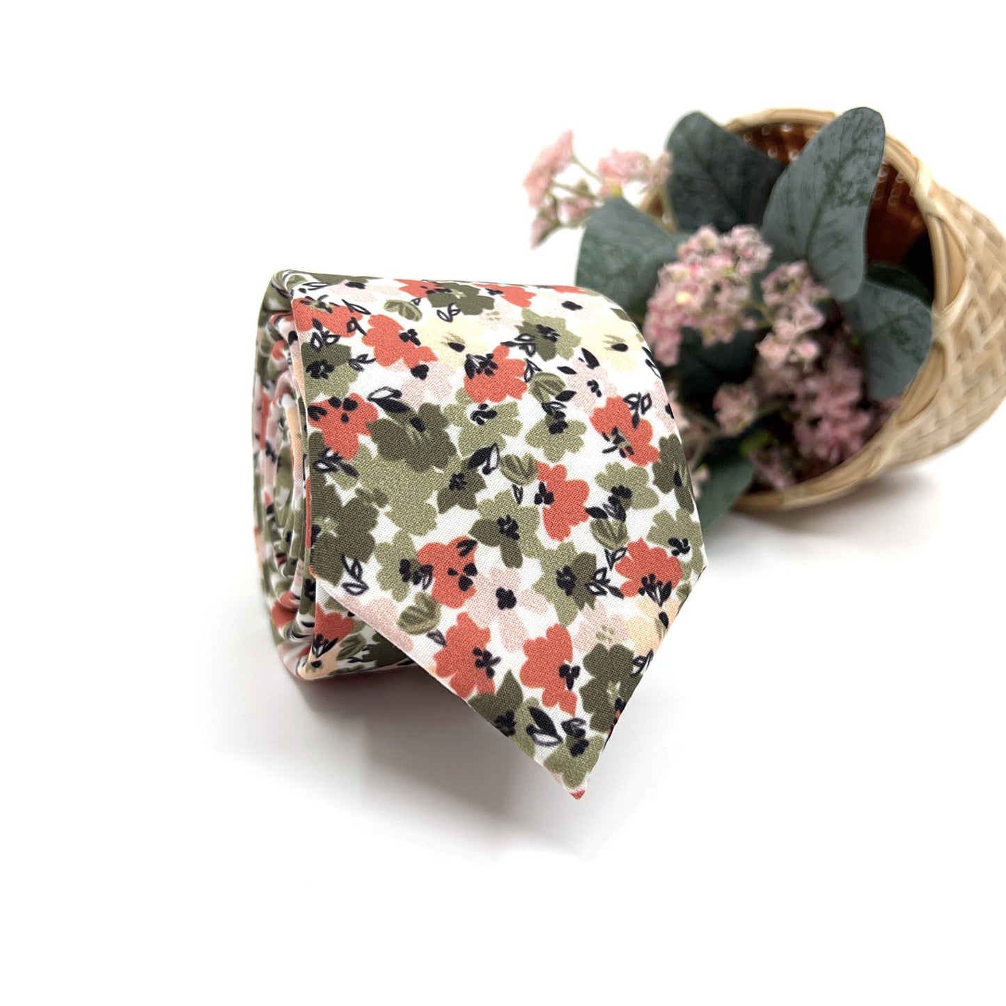 Olive Green Floral Necktie, Floral Neckties, Groom Necktie, Wedding tie, Mens Necktie
