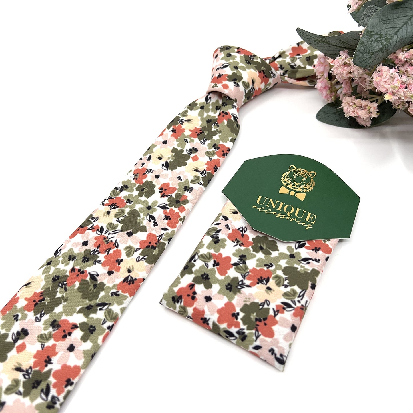 Olive Green Floral Necktie, Floral Neckties, Groom Necktie, Wedding tie, Mens Necktie