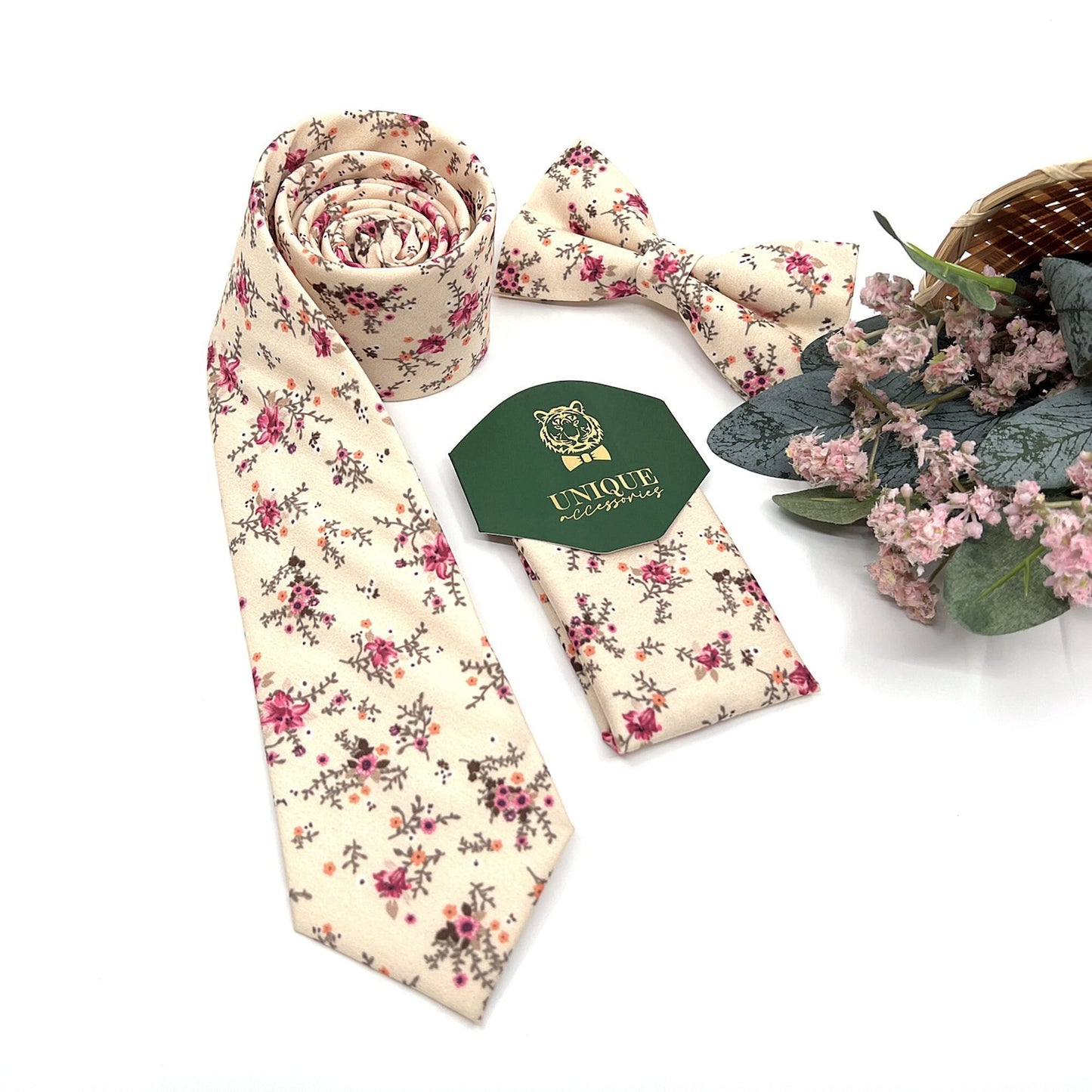 Beige Men Necktie, Floral Neckties, Wedding Floral Neckties, Groom Necktie