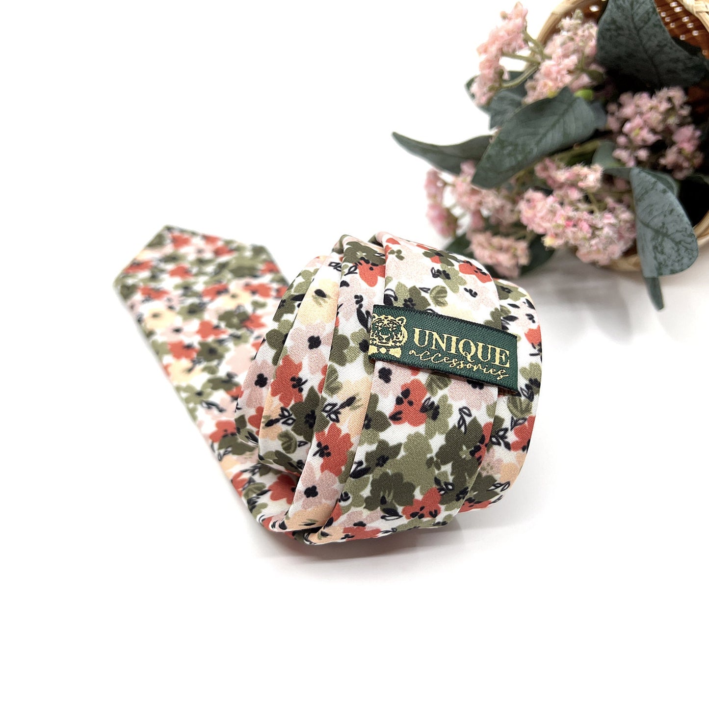 Olive Green Floral Necktie, Floral Neckties, Groom Necktie, Wedding tie, Mens Necktie