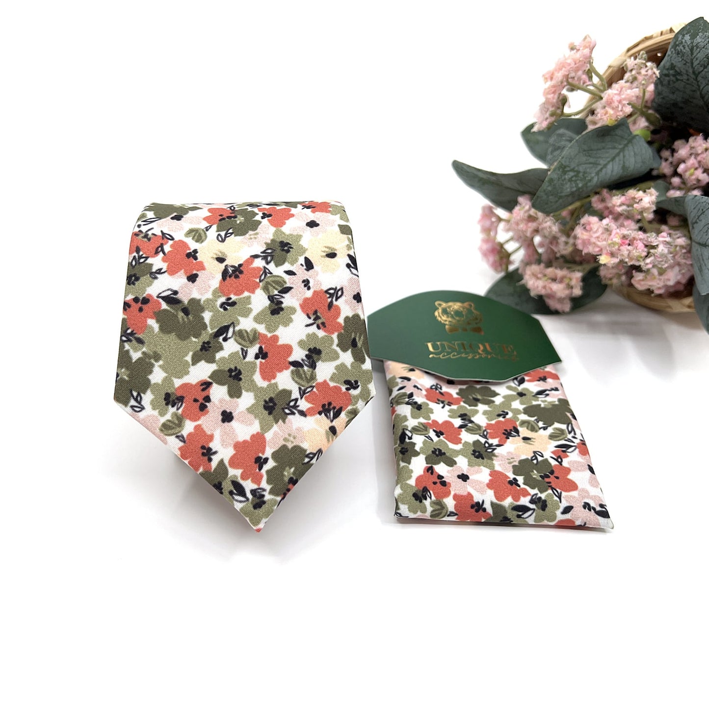 Olive Green Floral Necktie, Floral Neckties, Groom Necktie, Wedding tie, Mens Necktie