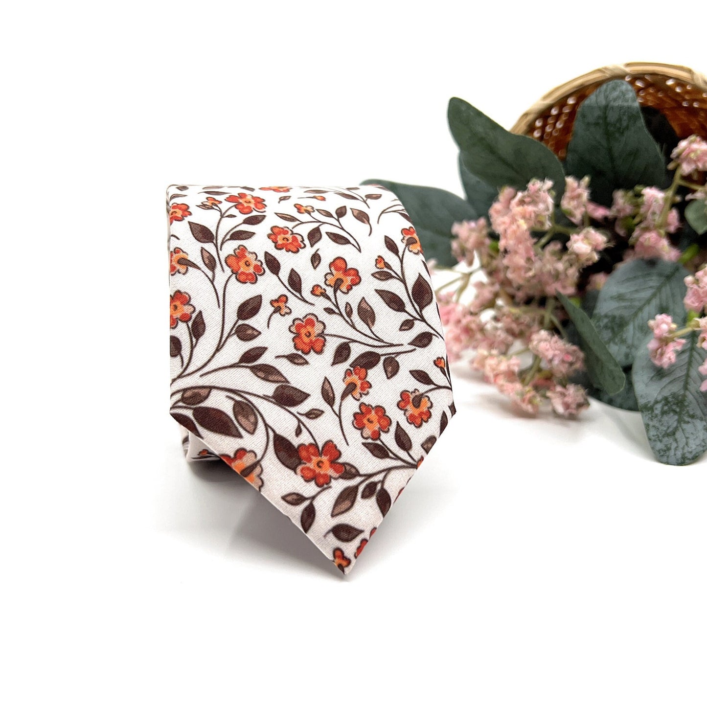 Burnt Floral Necktie, Groomsmen Floral Neckties, Wedding Floral Neckties