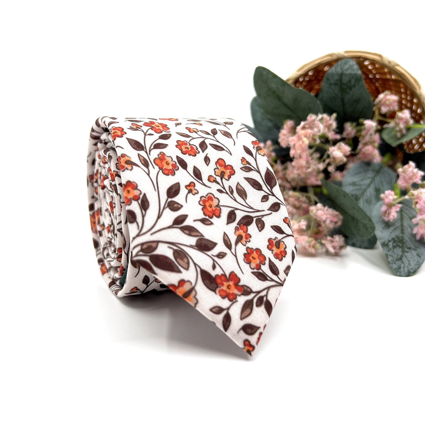Burnt Floral Necktie, Groomsmen Floral Neckties, Wedding Floral Neckties
