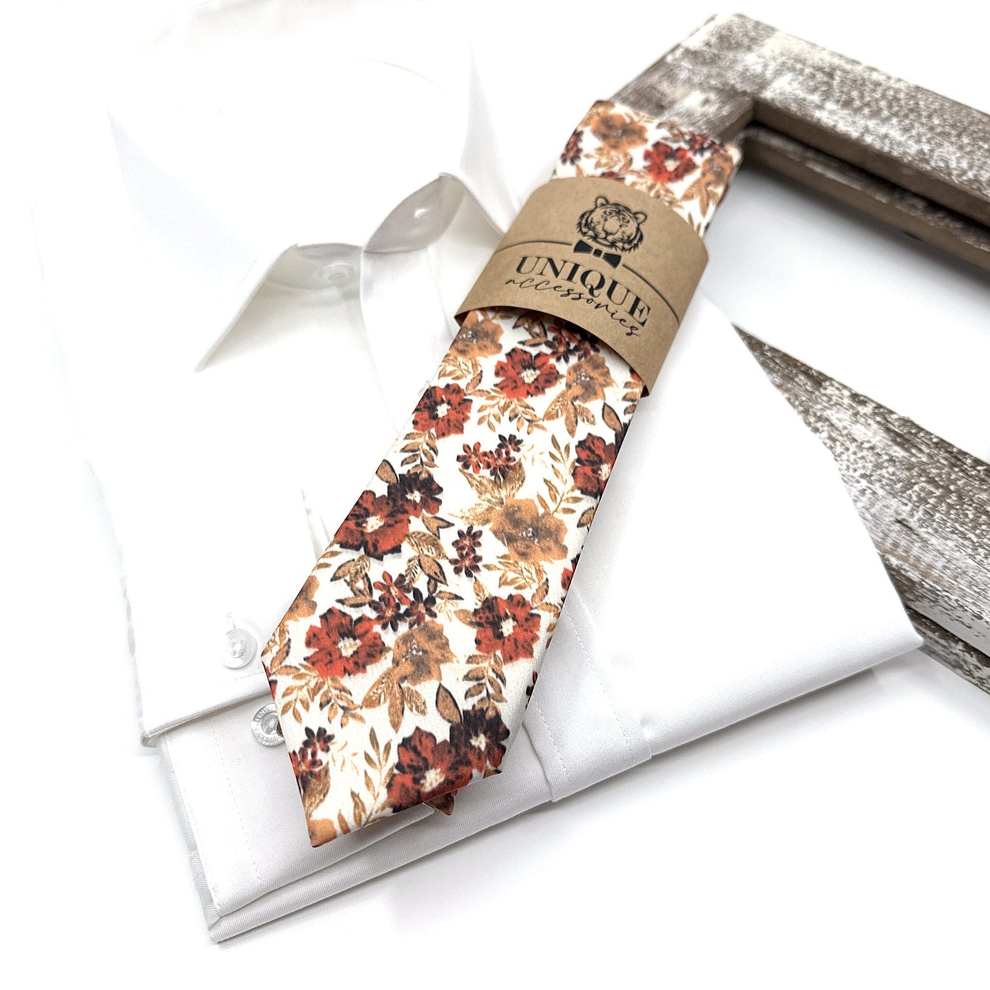 Brunt Orange Floral Tie, Copper Orange Floral Necktie, Wedding Floral Ties
