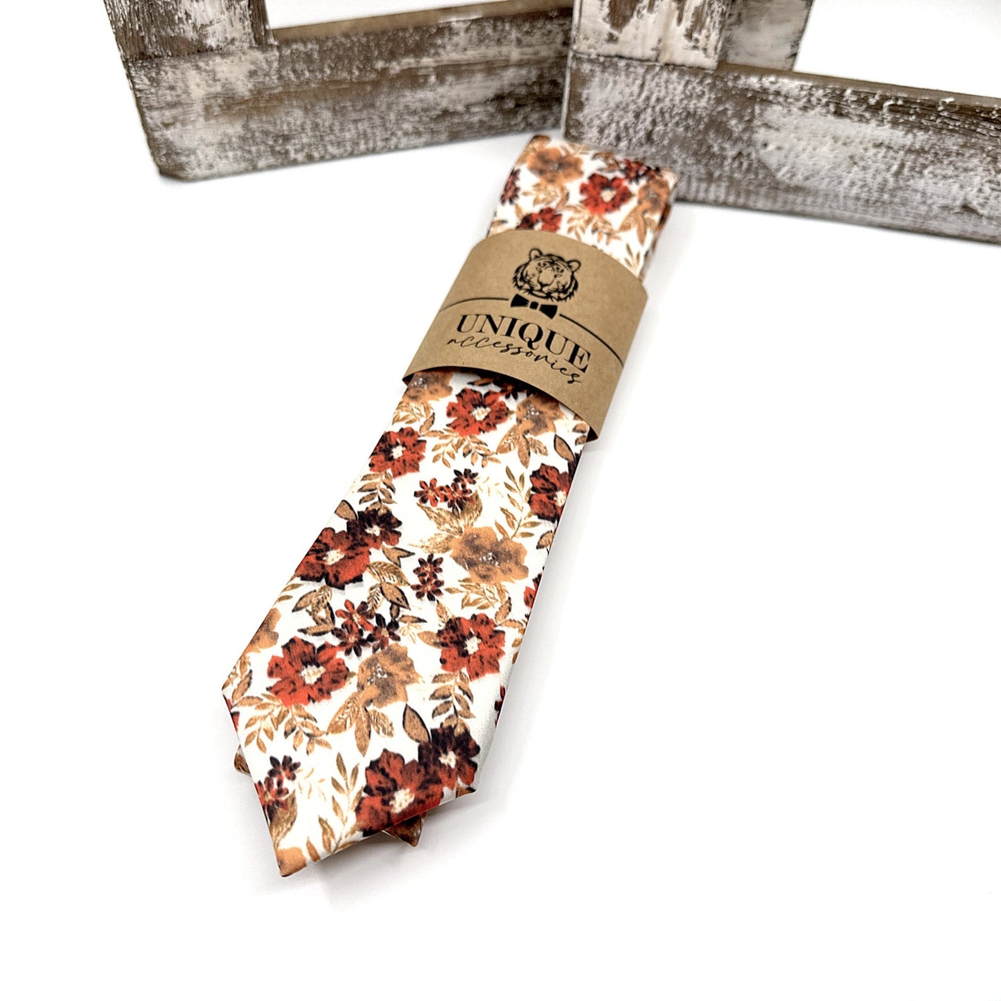 Brunt Orange Floral Tie, Copper Orange Floral Necktie, Wedding Floral Ties