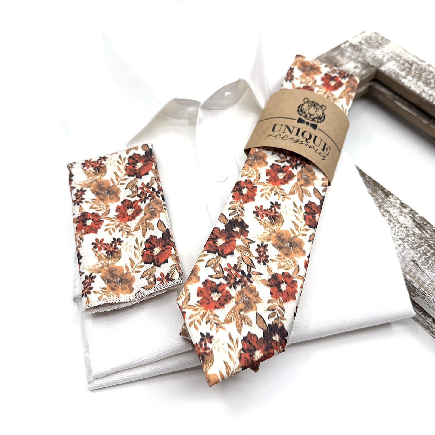 Brunt Orange Floral Tie, Copper Orange Floral Necktie, Wedding Floral Ties