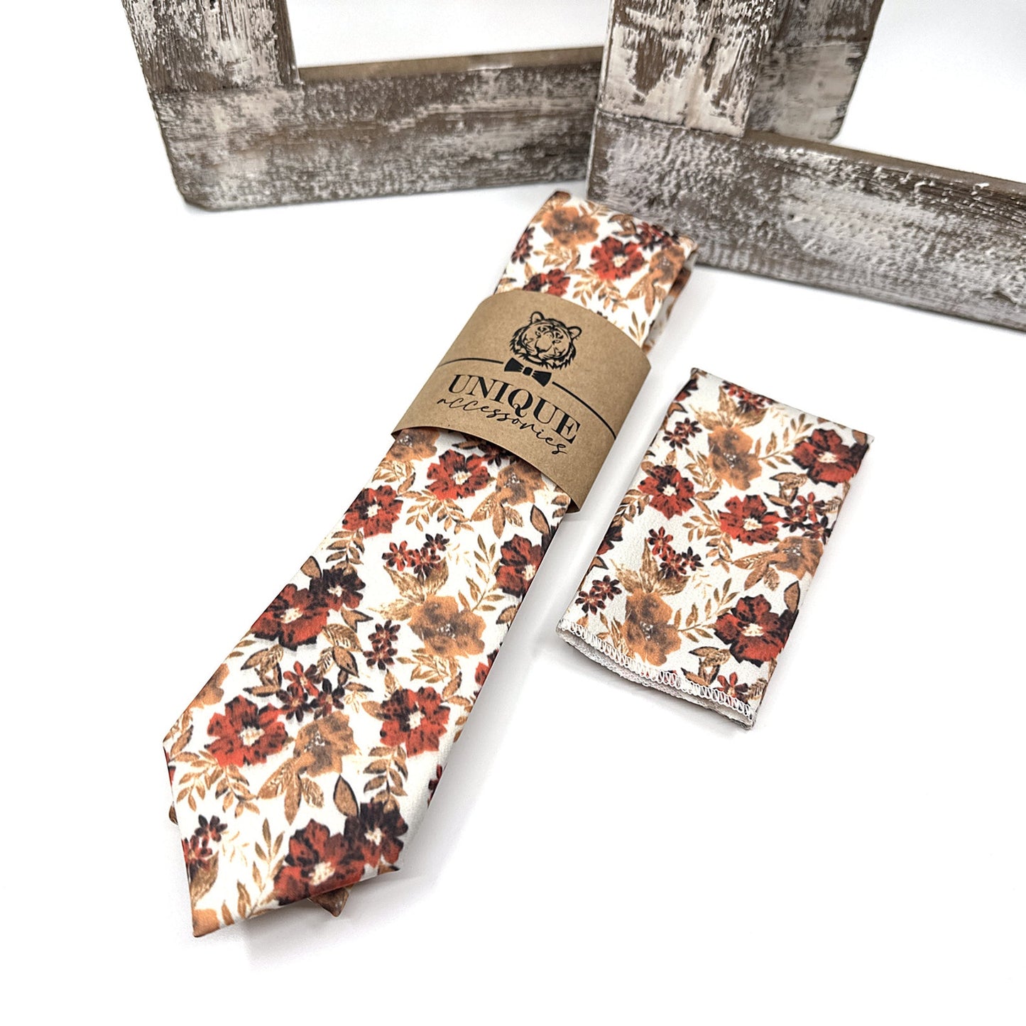 Brunt Orange Floral Tie, Copper Orange Floral Necktie, Wedding Floral Ties