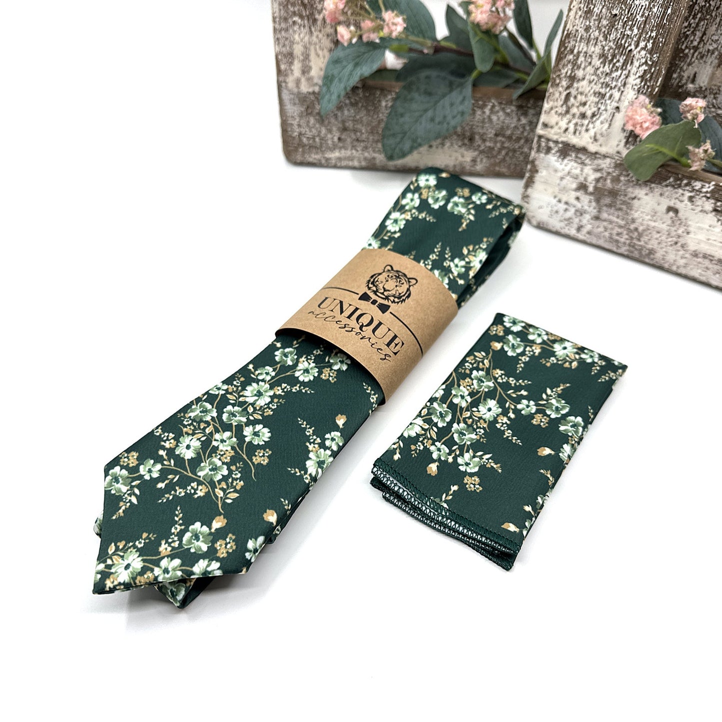 Dark Green Necktie, Floral Necktie, Wedding Floral Tie, Groomsmen Necktie