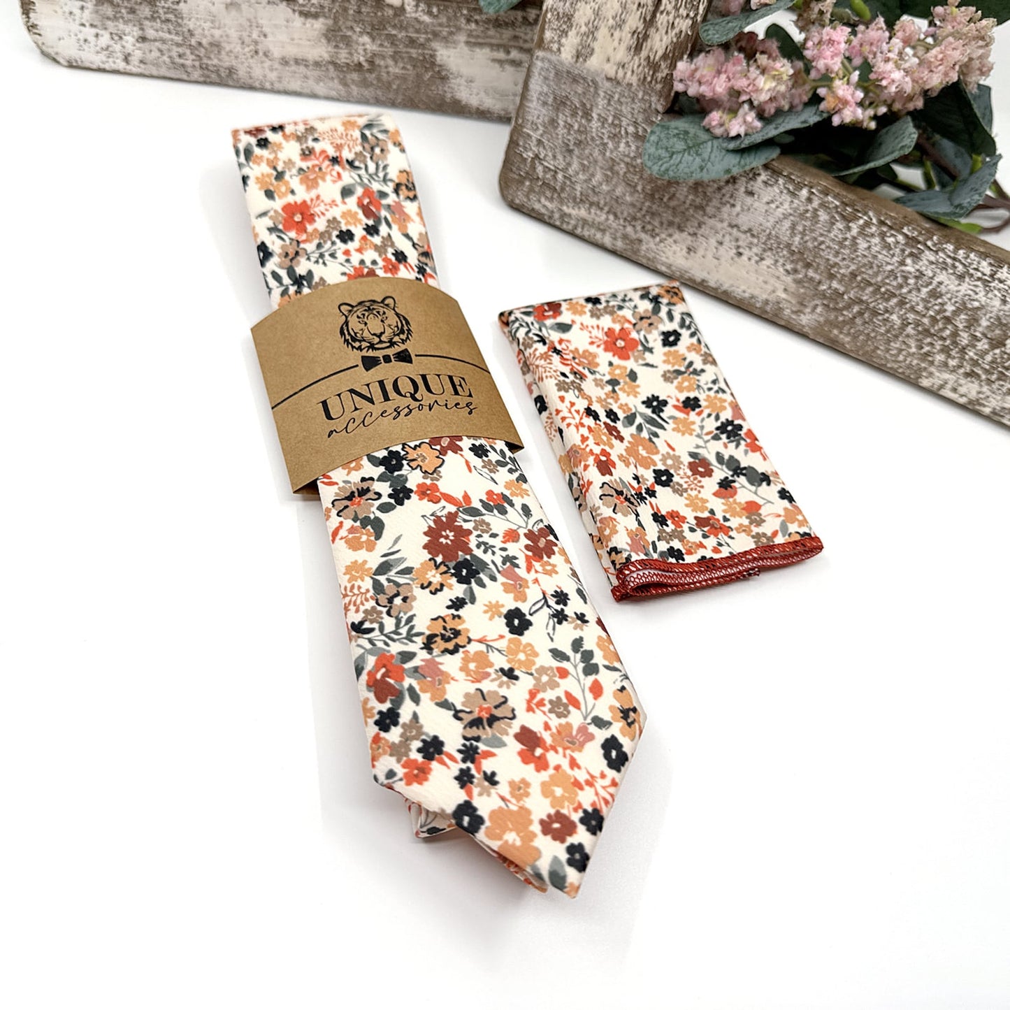 Floral Necktie, Rust Orange Floral Necktie, Wedding Ties