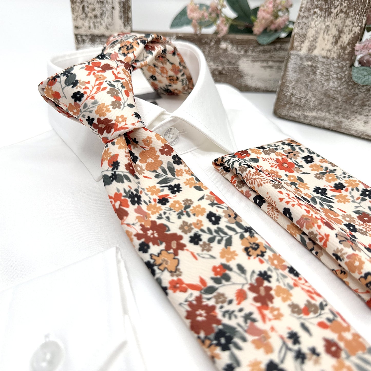 Floral Necktie, Rust Orange Floral Necktie, Wedding Ties