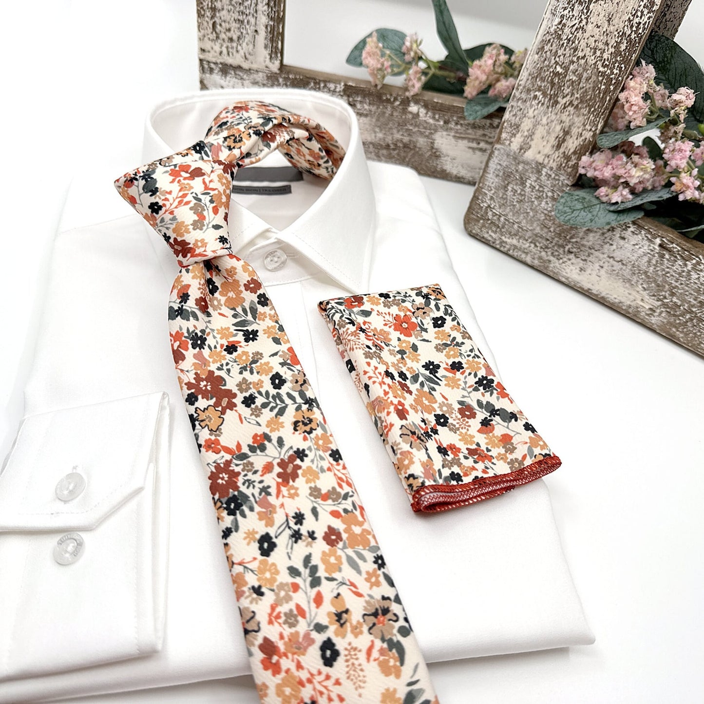 Floral Necktie, Rust Orange Floral Necktie, Wedding Ties