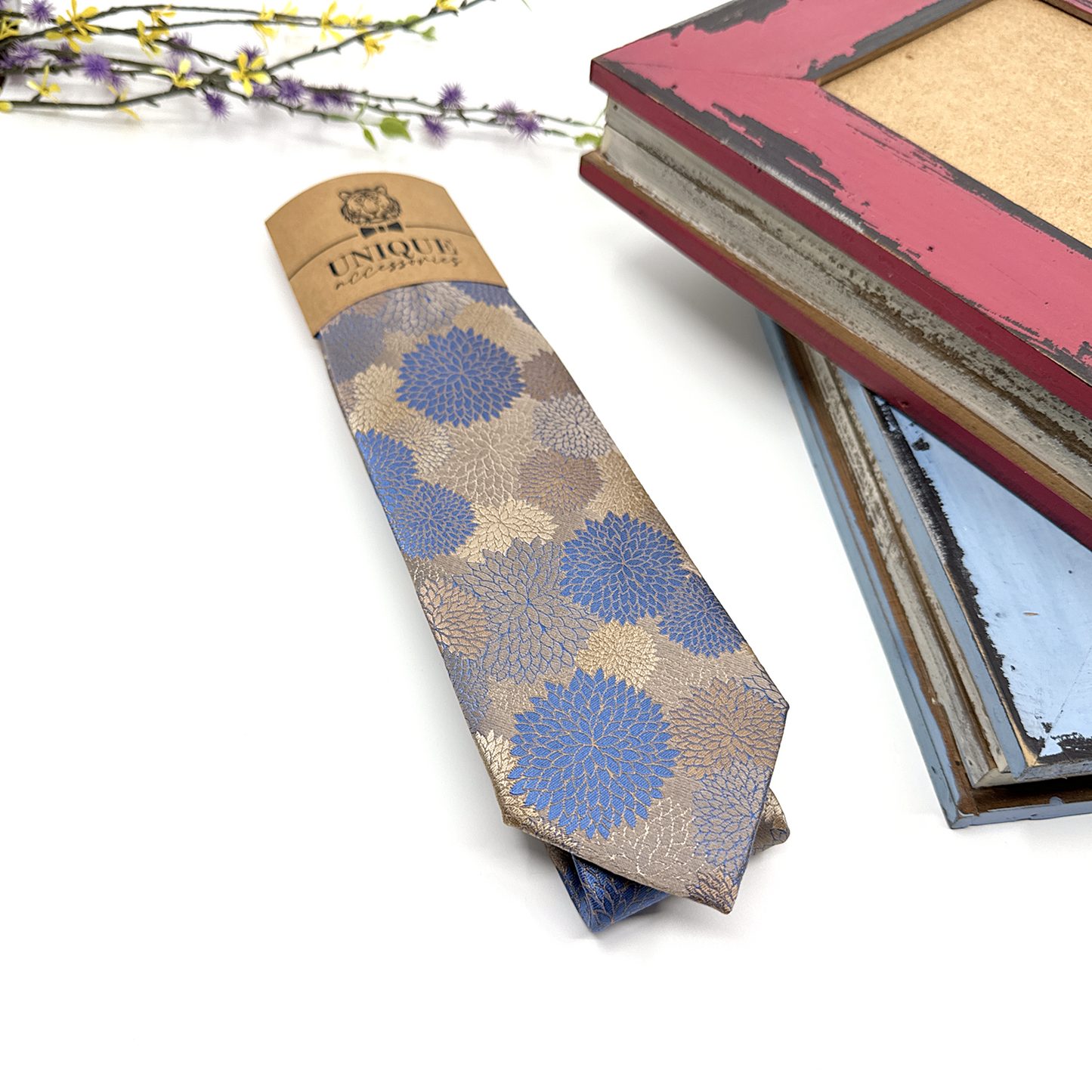 Dusty Blue Necktie, Floral Necktie, Tie for Mens, Groom Neckties, Wedding tie