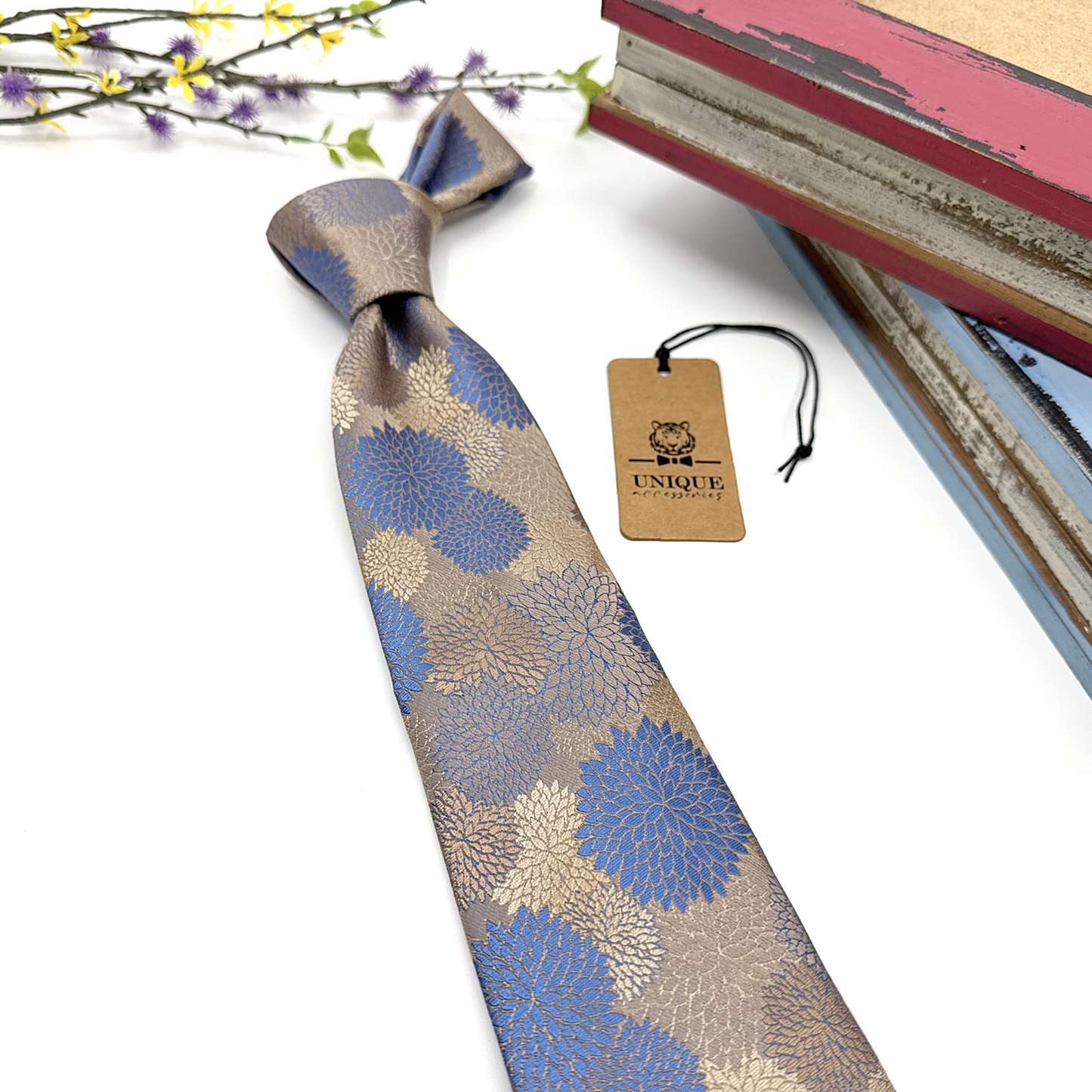 Dusty Blue Necktie, Floral Necktie, Tie for Mens, Groom Neckties, Wedding tie