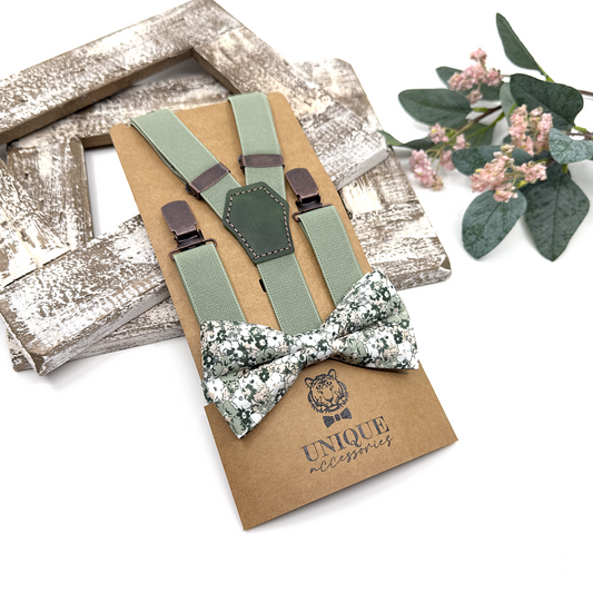 Dusty Green Suspenders, Pale Green Floral Bowtie, Suspender Bowtie Set, Wedding Suspenders