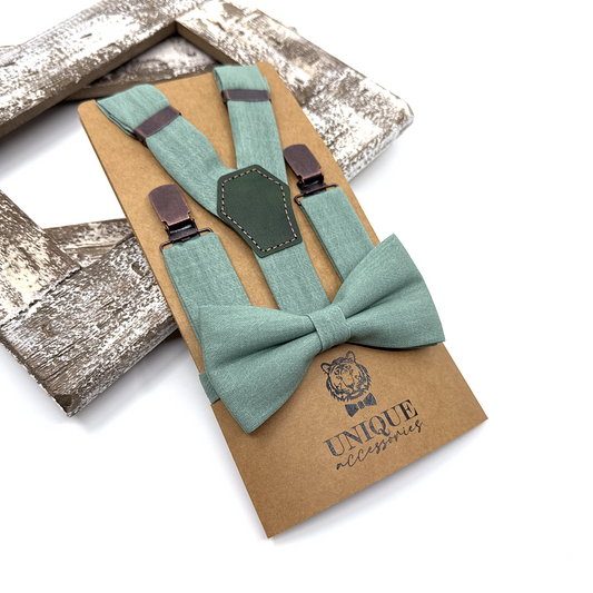 Cambridge Blue Suspenders, Linen Suspender Bowtie Set, Suspender Necktie, Wedding Suspenders, Groomsmen Suspenders