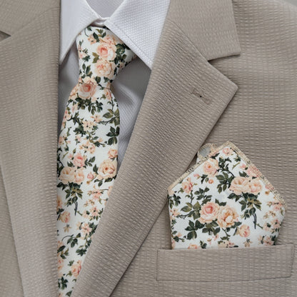 Ivory Rose Floral Tie Set for Men – Wedding Necktie & Pocket Square
