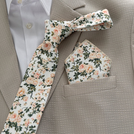 Ivory Rose Floral Tie Set for Men – Wedding Necktie & Pocket Square