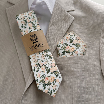 Ivory Rose Floral Tie Set for Men – Wedding Necktie & Pocket Square